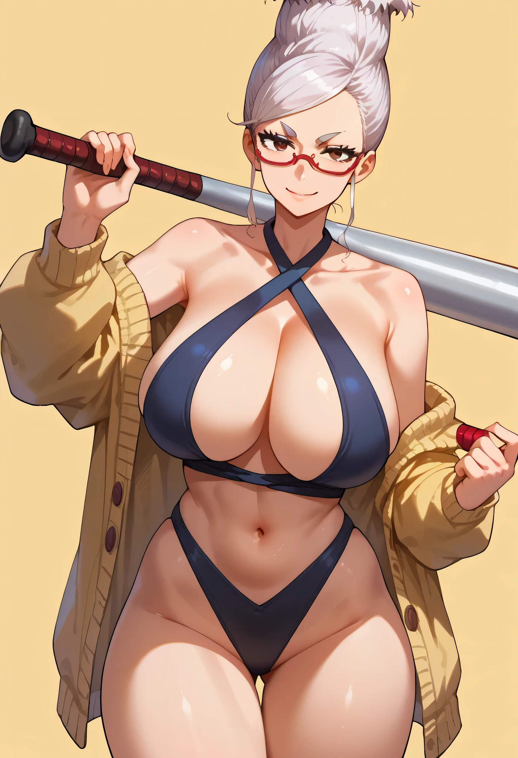 score_9,score_8_up,score_7_up, seiko ayase,1girl, armpit crease,criss-cross halter, bare shoulders, baseball bat, beehive hairdo, black swimsuit, breasts, brown eyes, cardigan, cleavage, collarbone, glasses, holding, holding baseball bat, large breasts, long hair, looking at viewer, mature female, metal baseball bat, navel, off shoulder,, red-framed eyewear, semi-rimless eyewear, simple background, smile, solo, swimsuit, tall hair, thighs, white hair, yellow cardigan,