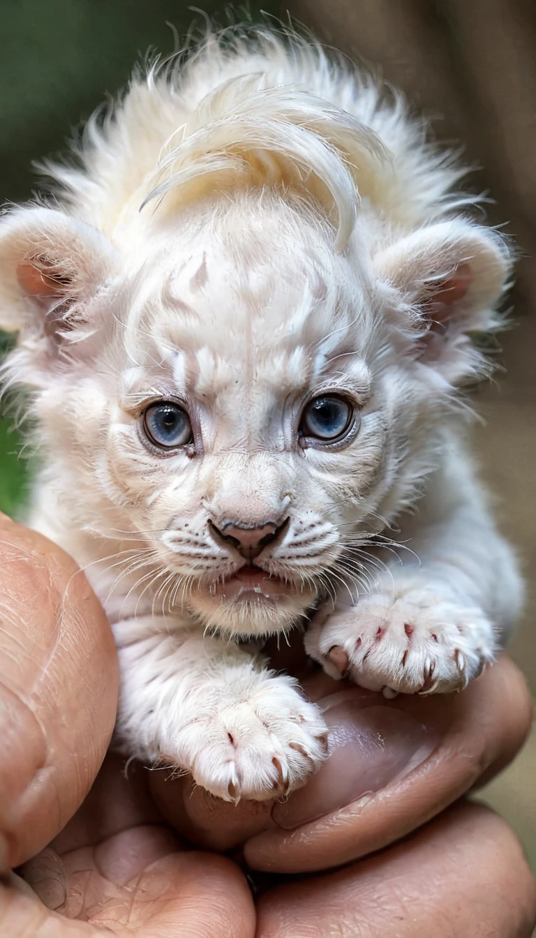 The world's smallest white lion baby , Landed on someone&#39;s finger,  is unquestionably adorable and charming. The photos are very realistic、 It accurately captures the subtle characteristics of miniature white tigers.