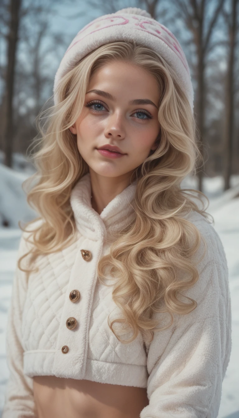 Realistic wavy blonde hair young teenage sexy winter outfit 