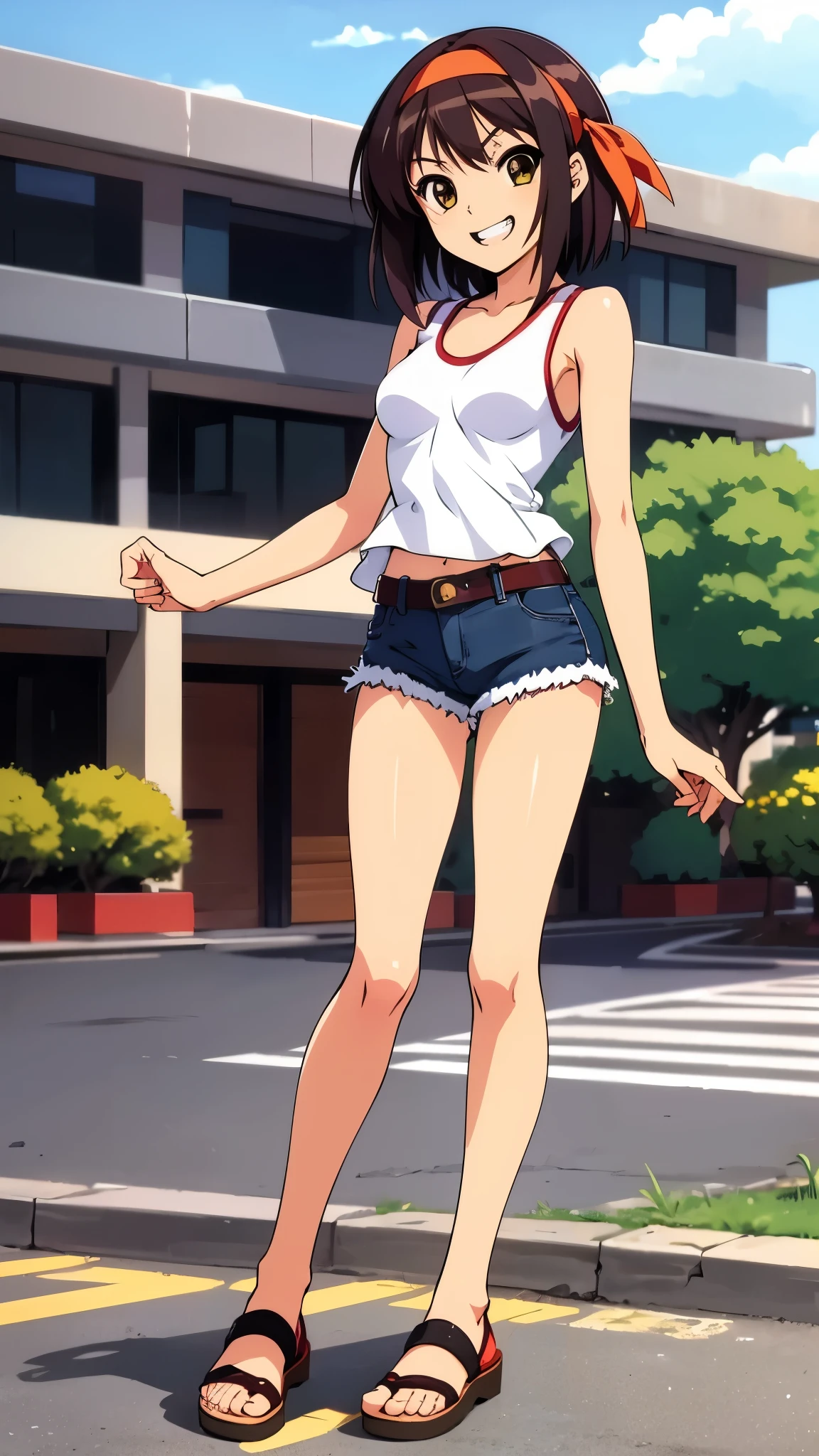 outdoor, in city, anime style, wearing red tank top, wearing denim shorts, black open toes sandals, full body shot, grin, anime style, 8k, masterpiece, ultra high res, yellow headband,