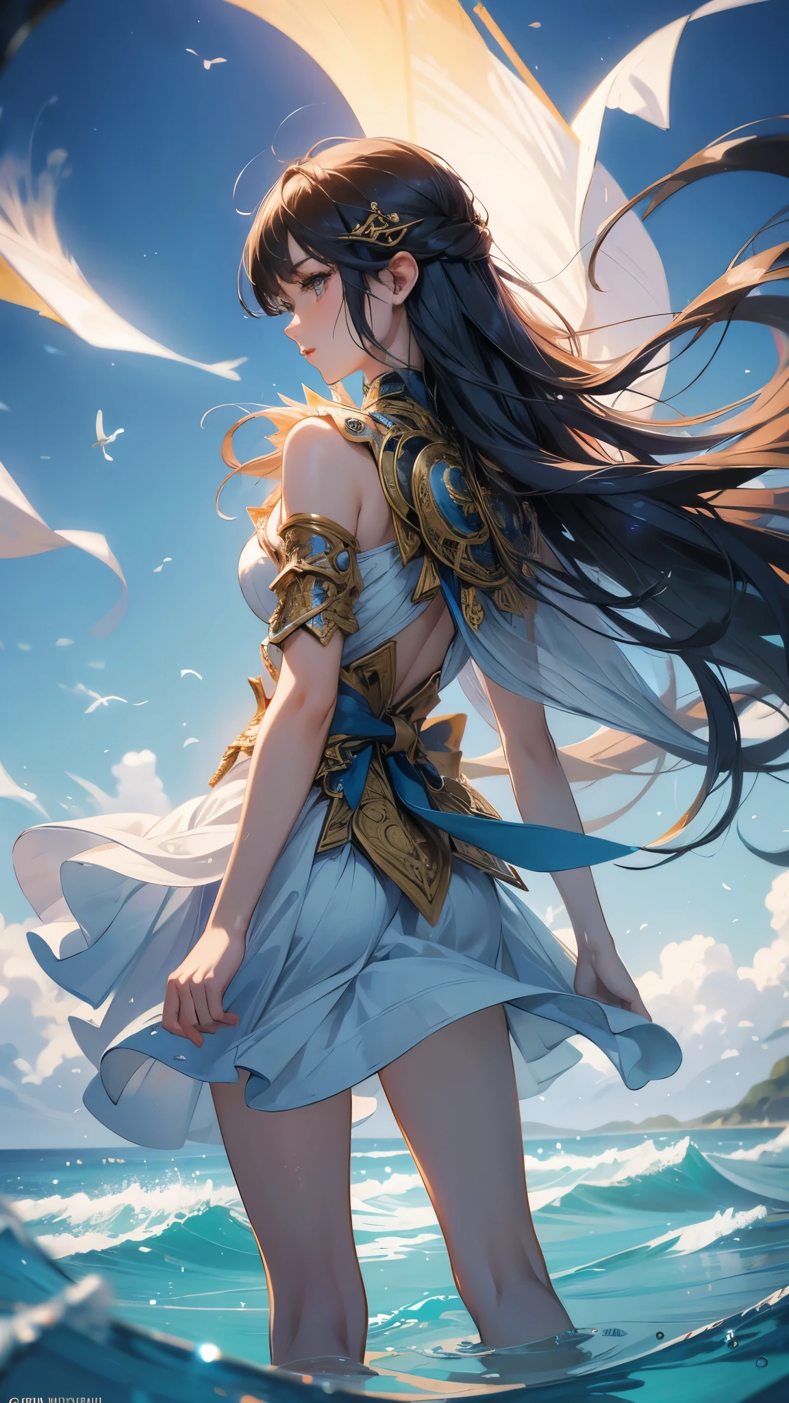 female、beautiful、goddess、evening、Above the Clouds、Back view、Sunset、shooting star