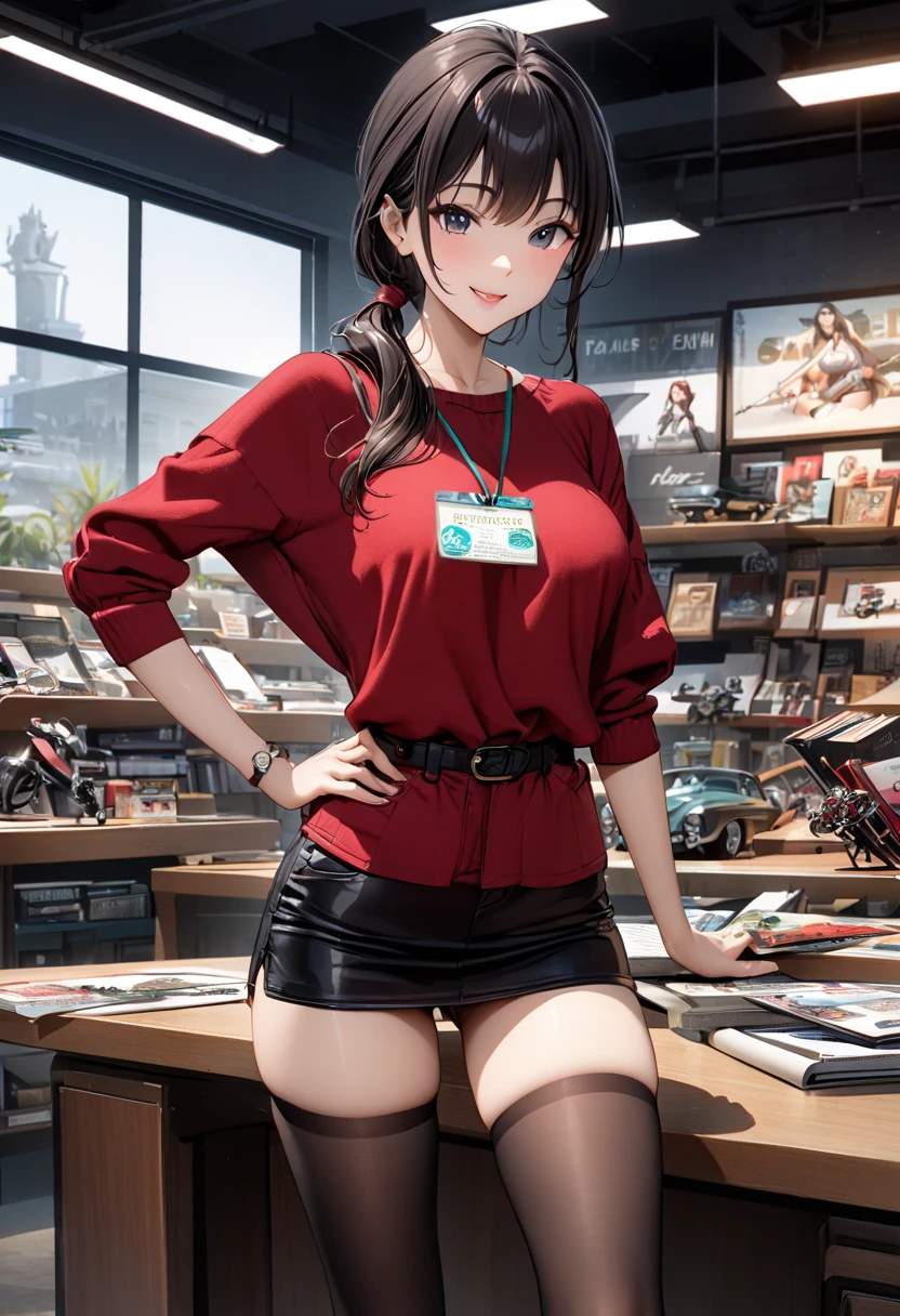  best quality、 Ultra Precise 、Detailed drawing、 vibrant colors、alone、Beautiful girl 、Age 30、classic car shop、showroom、table、Beautiful big boobs、 business suit、 red shirt、Name tag、 Mini Skirt、 black stockings、catalog book and pen in hand、smile、Beautiful figure、 ponytail、Butt、 see here、 slender figure、Accurate depiction、 anime style illustration、
