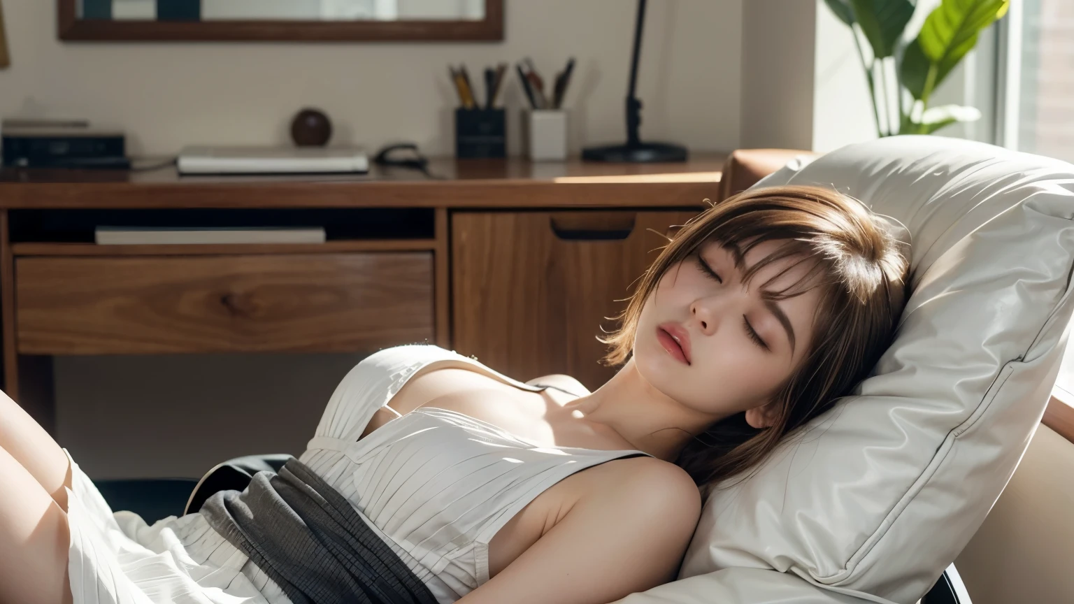 siesta, snooze off, a corner of the office, sleeping while sitting in an office chair, reclining chair, lie on back, wearing warm autumn fashion, asleep with clothes on, skirt is riding up to her thighs, thighs are exposed, closed eyes, yawn, short length hair, pompadour hairstyle, twisted bangs, shiny brown hair, hair is shaggy and dishevelled, beautiful white-colored translucent skin, slendar figure, glossy face, no-makeup, a little exposed chest, {realistic}, {cinematic}, {photogenic}{photogenic}