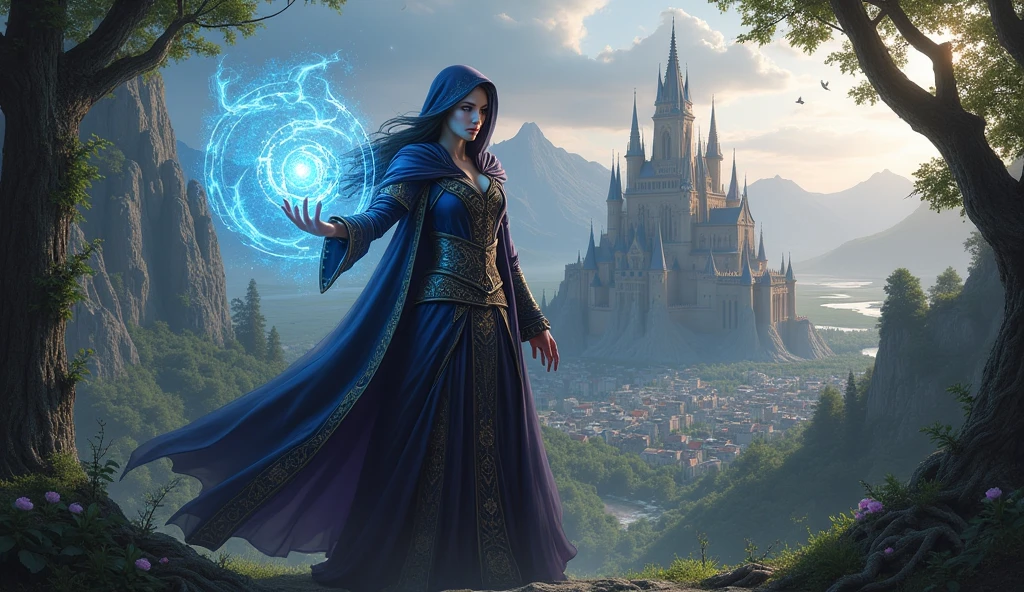 award winning waist up photo of a beautiful fantasy wizard wearing blue and white robes casting a spell, short black hair, bright green eyes, medieval city in the background, dark, ominous, magical, high contrast, shiny skin, soft lighting, backlighting, bloom, magic effects, chromatic aberration, sharp focus