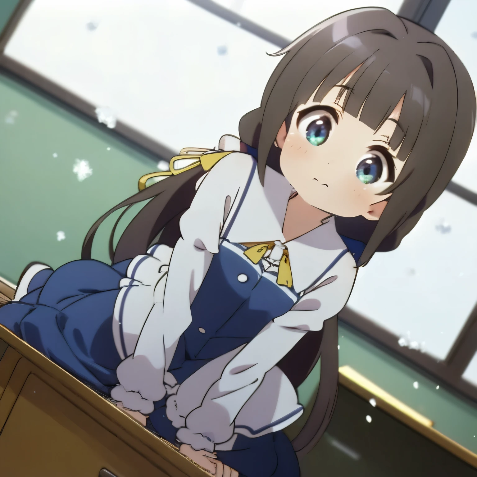 Hinatsuru Ai, kneesocks,  high resolution ,  best quality , UHD, langes Haar, low angle, evening, classroom, snowfall, city lights far away,1 girl, Alone, li, sitting on a desk, window in the background 