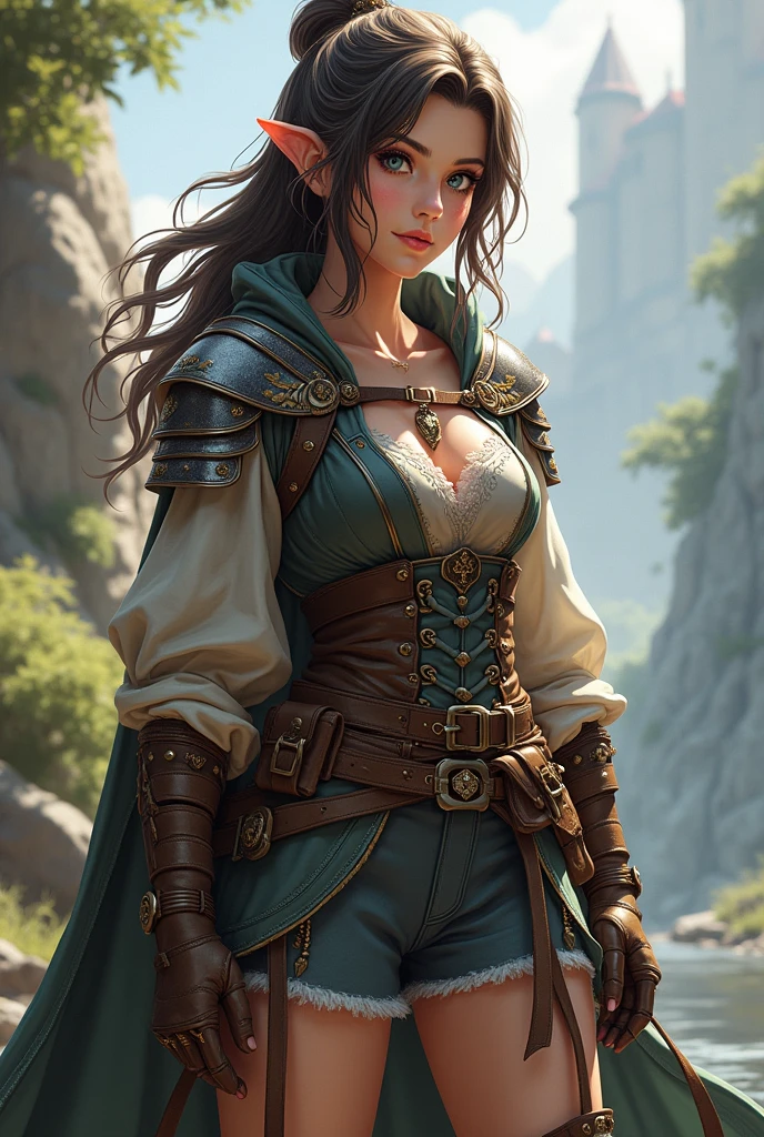Warrior brunette, armor, medieval fantasy, D&d, RPG, ultra realistic, ultra detailed, best quality, 8k, wallpaper, steel breastplate, steel gauntlets, steel gloves, sitting, short skirt, green skirt, tiny panties, tight panties, white panties, panty view, upskirt, cameltoe, pantyshot, RAW,