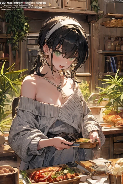 (small breasts:1.3), (perky chest:1.1), (pointed chest:1.0), (Pudding cake magazine cover:1.3)，(from above:1.0),(from side:0.9),masterpiece, 1girl, Amazing Cleavage:1.1, thin waist, big ass, Raised sexy, small breast: 1.3, posed cleavage:1.2、solo, looking at viewer, open mouth, have a cute grass of cute beergrass,black hair, dark green eyes, dress, bare shoulders, jewelry, collarbone, sidelocks, hairband, earrings, indoors, off shoulder, :o, sweater, arms behind back, plant, short hair with long locks, gild hairband, off-shoulder dress, sweater dress, off-shoulder sweater, red sweater, dark gord hair, big side hair, very long side hair,is rendered in (masterpiece: 1.2, best quality), with (ultra high resolution) and an exquisite (depth of field). This masterpiece is not only visually stunning but also tells,A scene of cooking in the kitchen by classroom