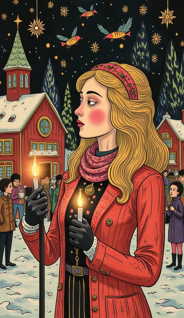 A snow-covered village square at night with a woman in a festive red coat and scarf, her long hair falling in soft curls, singing into a microphone. She is surrounded by people holding candles and enjoying the Christmas cheer.