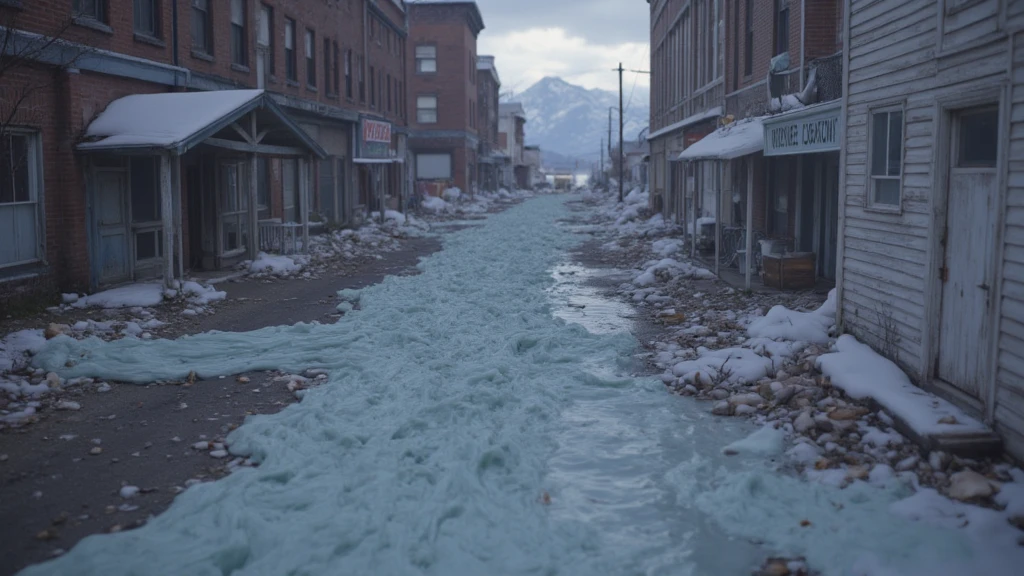 it is 2023 china, A cinematic top down view looing into the street below shot of a post-apocalyptic small town America, this screenshot is inspired by the game Days Gone , captured in ultra-sharp 8K resolution. We see the  wave tide substance and she is lit in this dark atmospheric scene from above by a helicopter light, The city is submerged under a massive blue tide that is a desaturated teal blue colored substance similar to the Venom black substance, we can see this substance everywhere attached to the street building and other things in the scene, , with every structure destroyed and abandoned for decades, devoid of vegetation. The atmosphere is dark and eerie, with ominous overcast skies, swirling storm clouds, and a faint glimmer of sunlight breaking through in the far distance. The scene evokes a haunting, desolate mood, blending ruin and mystery.