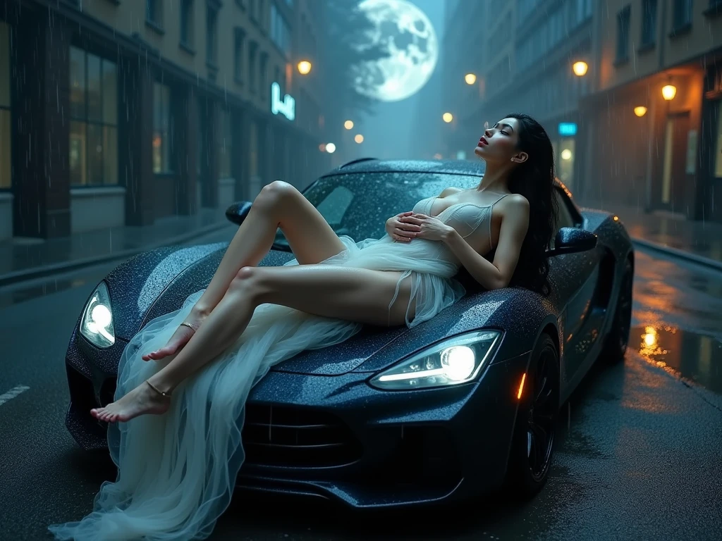 A photorealistic girl with a mesmerizing gaze, lie back on the super-car hood with folded arms on the chest, battered by a torrential windstorm and heavy rain, wrapped with a flowing long tulle scarf, showcasing flawless legs and heels,spread legs, with flowing shiny raven-black long hair, white glow porcelain skin, set against a dark city sidewalk, with dimmed lights, mist, and dripping water, under the ominous glow of a full dark moon, her eyes locked intensely on the sky. high sky angle shot, model,fashion,tulle sheet,super model, tall,proportional, beauty, stunning, fashion lie down pose, high angle long shot,nymph, sensual, proportional tall body, stunning pose, high resolution image of supermodel in bare skin, tulle robe, glowing skin,obvious nipples, proportional tall model, shot from above, front light,