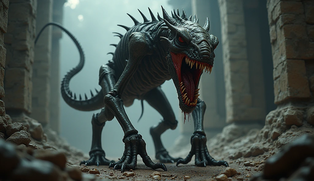 quadrupedal monster, exoskeleton made of bones, long tail with a sharp tip, medium hair, bleeding mouth, multiple dental arches, loose jaw, stinger at the tip of the tail