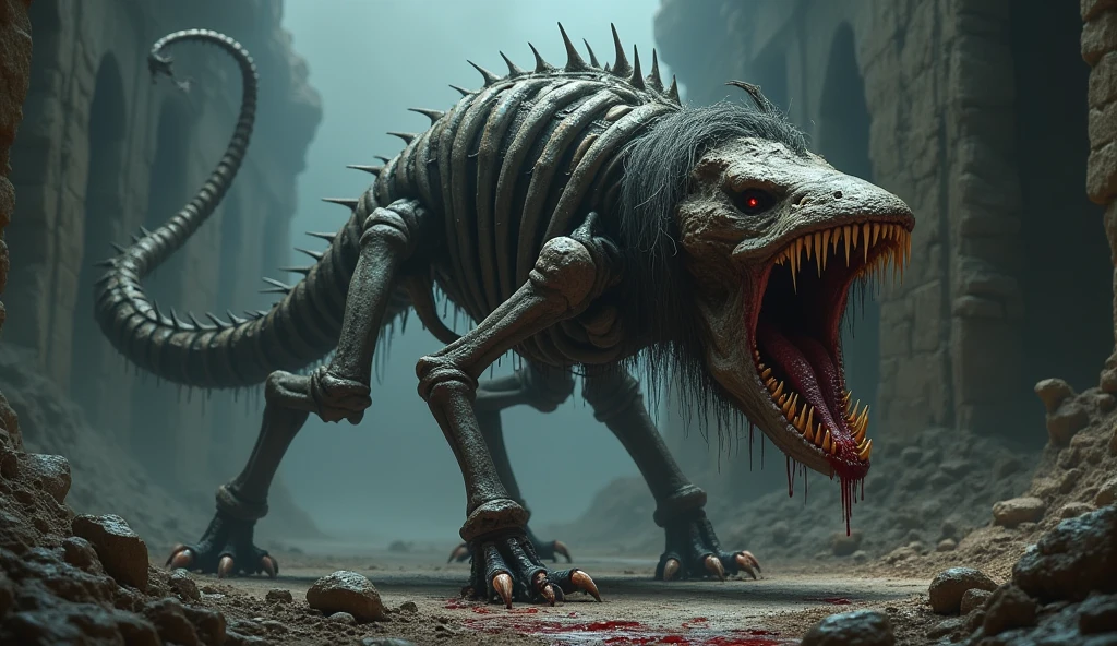 quadrupedal monster, exoskeleton made of bones, long tail with a sharp tip, medium hair, bleeding mouth, multiple dental arches, loose jaw, stinger at the tip of the tail