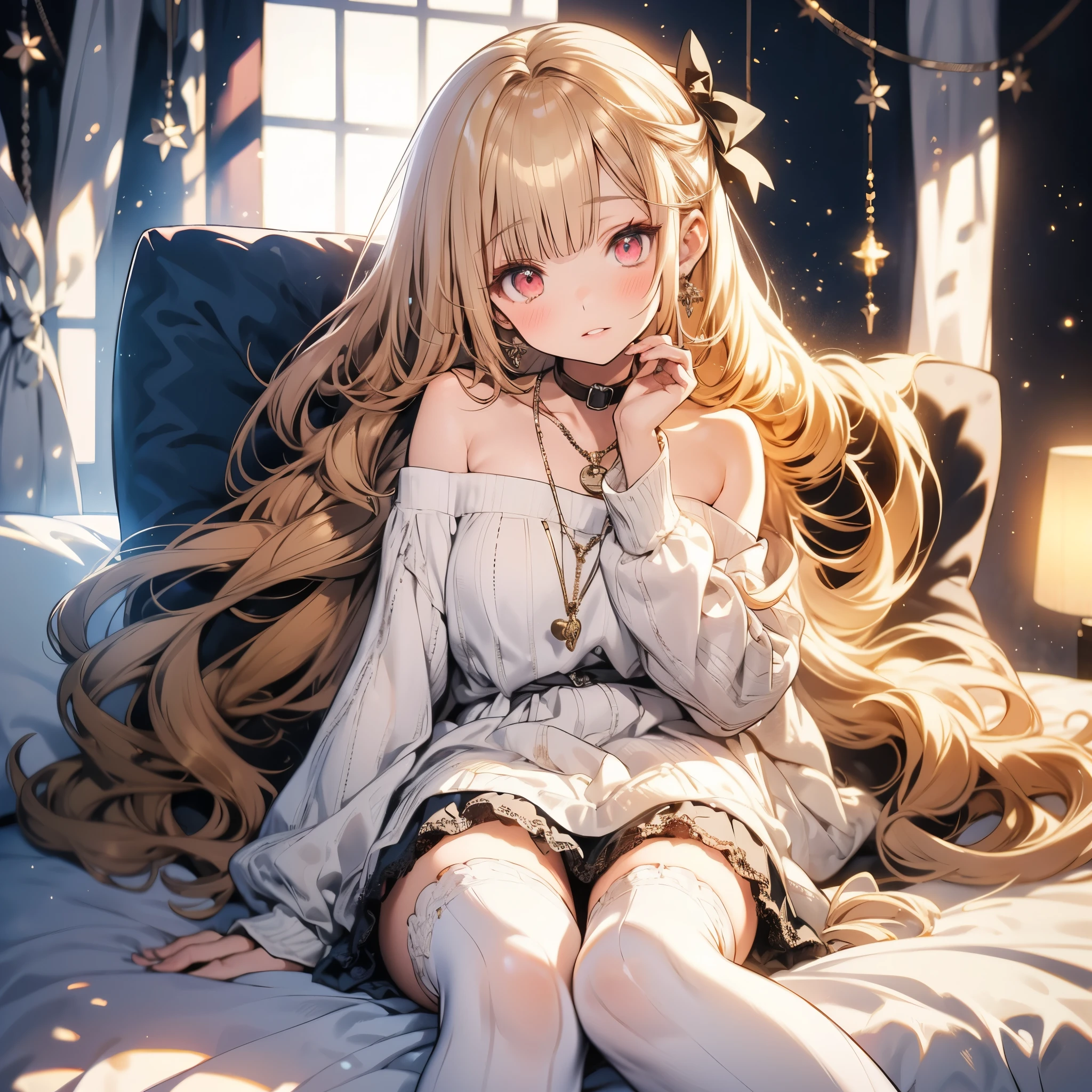 An adorable anime girl lying on her back on a cozy bed, her upper body slightly propped up as if shyly looking up at the viewer. She has a youthful but mature face, with soft, well-defined facial features, blushing cheeks, and wide pink eyes. Her expression is shy and flustered, with slightly parted lips. Her long, wavy, silky hair, peach blonde, strawberry blonde, cascading around her shoulders and spread across the bed. She is wearing a soft, ruffled top with intricate white lace details and bows, paired with a plaid sweet-style skirt. Her legs are extended comfortably on the bed, dressed in sheer, semi-transparent white thigh-high stockings that subtly reflect the soft lighting. Around her neck, she wears elegant silver necklaces that glimmer faintly.

The setting is a cozy, realistic bedroom. The bed is slightly messy, with a soft blanket draped over the side and several fluffy pillows scattered around. The lighting is warm and soft, creating a dreamy and romantic glow. The focus is entirely on her, with the background blurred slightly for depth. Masterpiece quality, ultra-detailed textures, highly realistic 4K and 8K resolution, combining 2D and 3D aesthetics, fine details, and crisp focus. Perfectly balanced lighting for a cozy, romantic, and serene atmosphere.