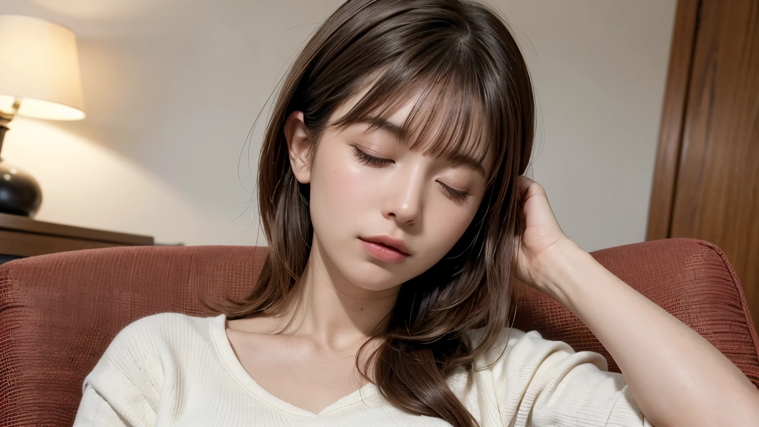 siesta, snooze off, a corner of the office, sleeping while sitting in an office chair, reclining chair, lie on back, wearing warm autumn fashion, asleep with clothes on, skirt is riding up to her thighs, thighs are exposed, closed eyes, yawn, short length hair, pompadour hairstyle, twisted bangs, shiny brown hair, hair is shaggy and dishevelled, beautiful white-colored translucent skin, slendar figure, glossy face, no-makeup, a little exposed chest, {realistic}, {cinematic}, {photogenic}{photogenic}