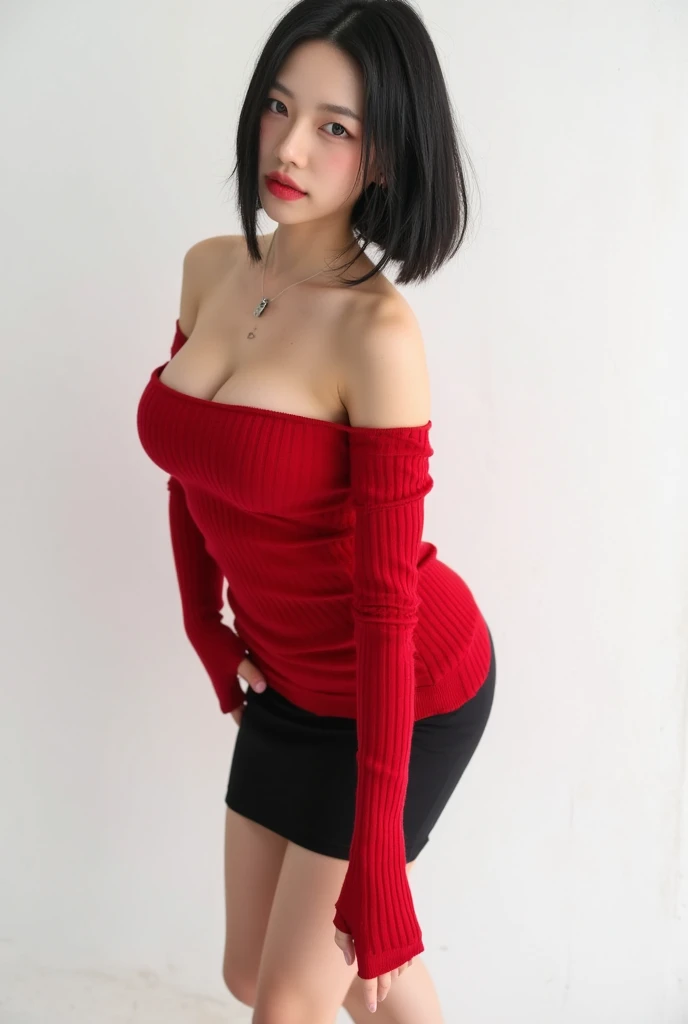 masterpiece, yor, 1girl, Amazing Cleavage:1.3, thin waist, big ass, Raised sexy, medium breast: 1.8 posed cleavage:1.2、solo, looking at viewer, open mouth, have a cup of coffee,black hair, red eyes, dress, bare shoulders, jewelry, collarbone, sidelocks, hairband, earrings, indoors, off shoulder, :o, sweater, arms behind back, plant, short hair with long locks, white hairband, off-shoulder long dress, sweater dress, off-shoulder sweater, red sweater, big side hair, very long side hair,is rendered in (masterpiece: 1.2, best quality), with (ultra high resolution) and an exquisite (depth of field). This masterpiece is not only visually stunning but also tells, make of cake cooking ,in the kitchen