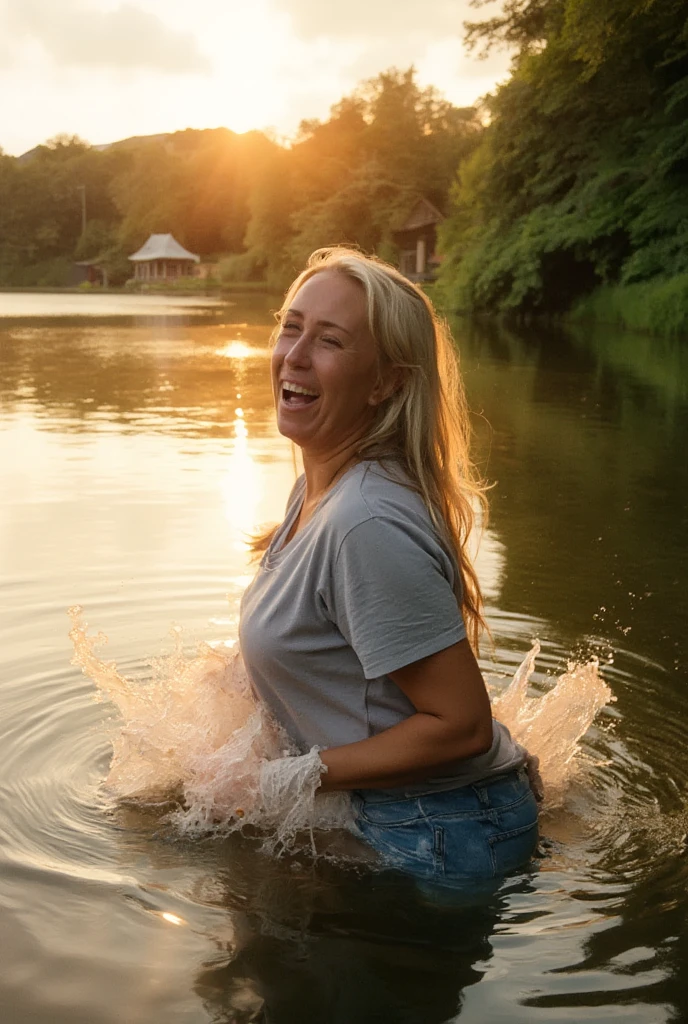  photo of a 40-year-old woman with long grey blonde hair in a lake, splashing water , Sunset, having fun,  laughs hysterically , wearing a t-shirt, shorts,  beautiful sunny day  . high dynamic range, bright, Rich details, clear shadows and highlights,  realistic , intensive,  enhanced contrast , Very detailed.