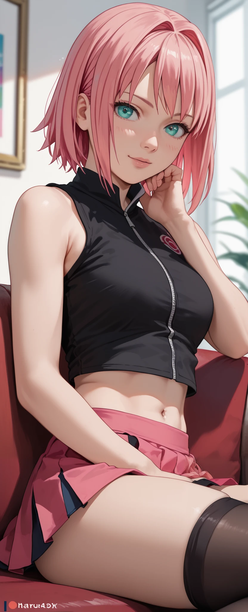 score_9, score_8_up, score_7_up, 1girl, 4k, sakura haruno, anime style, vibrant colors, masterpiece, pink hair, sitting on a couch in a living, black top, short skirt, black stockings, sexy pose, close up,