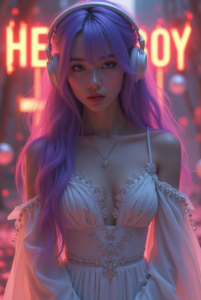 Korean purple hair butterfly woman with headphone and white outfit thin transparent costumes with orchestra instrument transparent costume orchestra stage background and apocalyptic costume holding instrument and sexy outfit elegant and transparent and white thin costume and orchestra auditorium background
