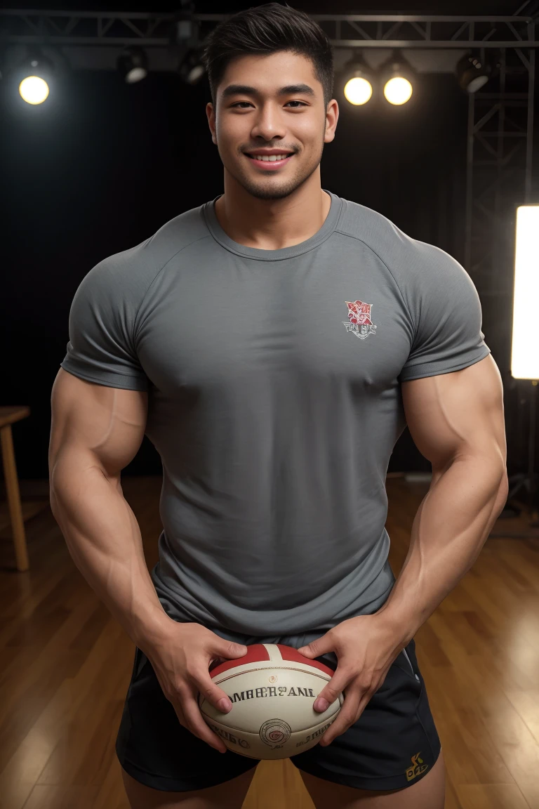 ((Highest quality, 8K, Masterpiece: 1.3))、Thailand Laos Burma Asia, Thai man, A handsome Asian rugby player with short hair, a muscular beard, and big muscles., １A man who has、 yo、Good appearance、Beautiful nose、smile、 Detailed eyes and face、beautiful light、(studio)、high resolution、（Look at the viewer.）、Fine mouth、smile、whole body: 1.5, perfect shape: 1.3, Picture of both shoulders:1.3, Gray round neck t-shirt:1.5