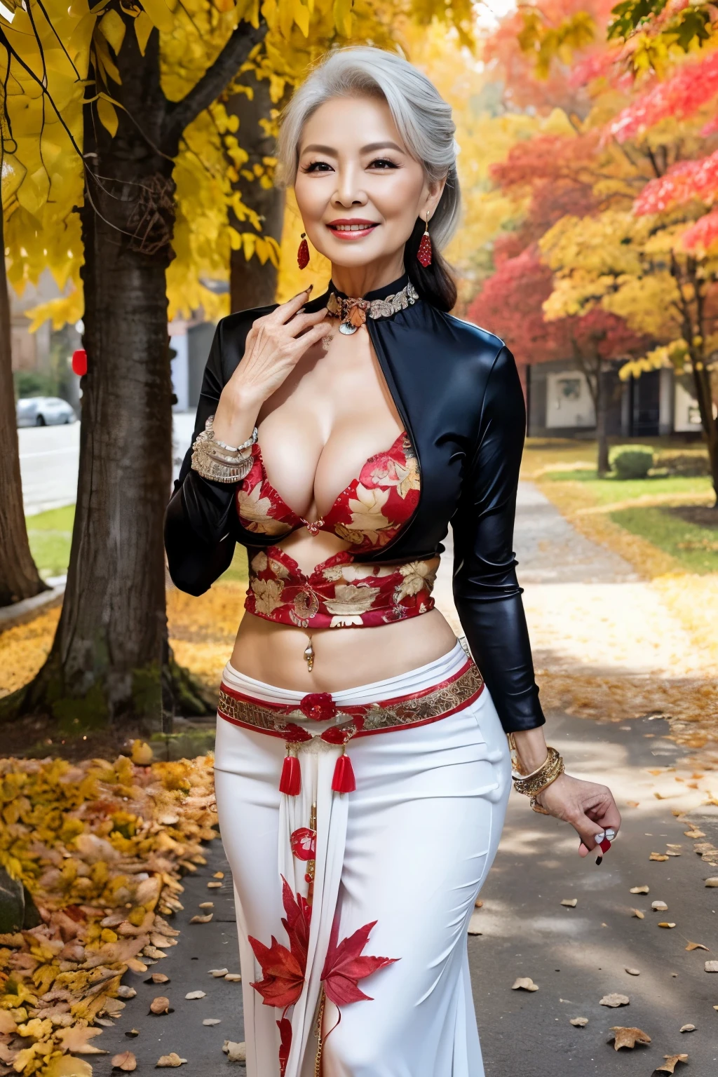 75 years old Mom MILF Chinese Lady large earring Big choker navel piercing decoration A bracelet Silver Hair realisitic Gorgeous Madame Beautiful Mature Woman sexy Smile Gentle woman navel piercing 4K High quality award ceremony academy bicycle Gorgeous Madame Beautiful Mature Woman