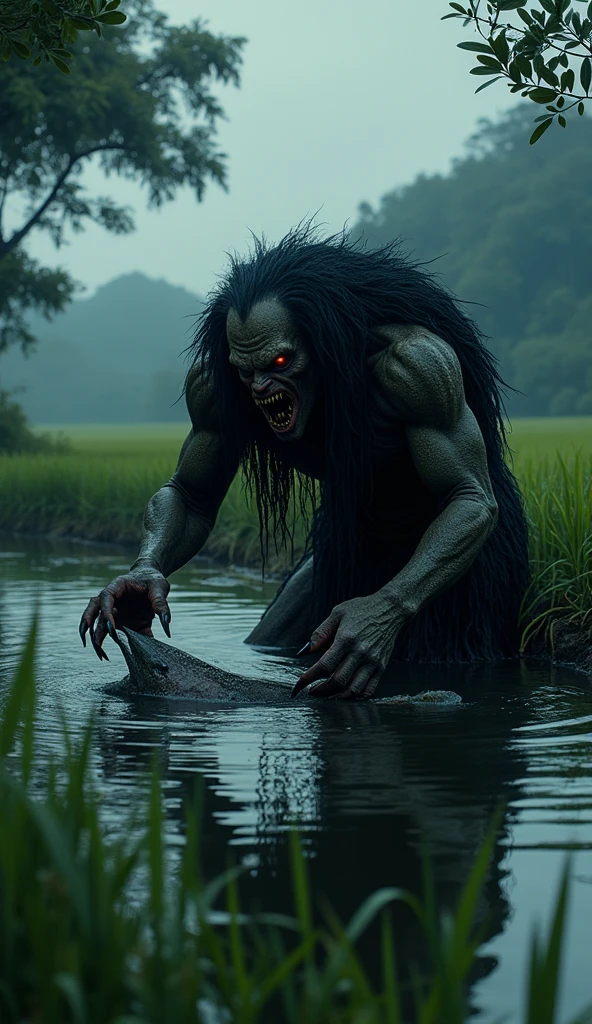 (masterpiece, 8K, ultra-high resolution, photo-realistic:1.3), monster in the swamp at night with a full moon, terror, dark, fear, 32K UHD, masterpiece, sharp focus, realistic,