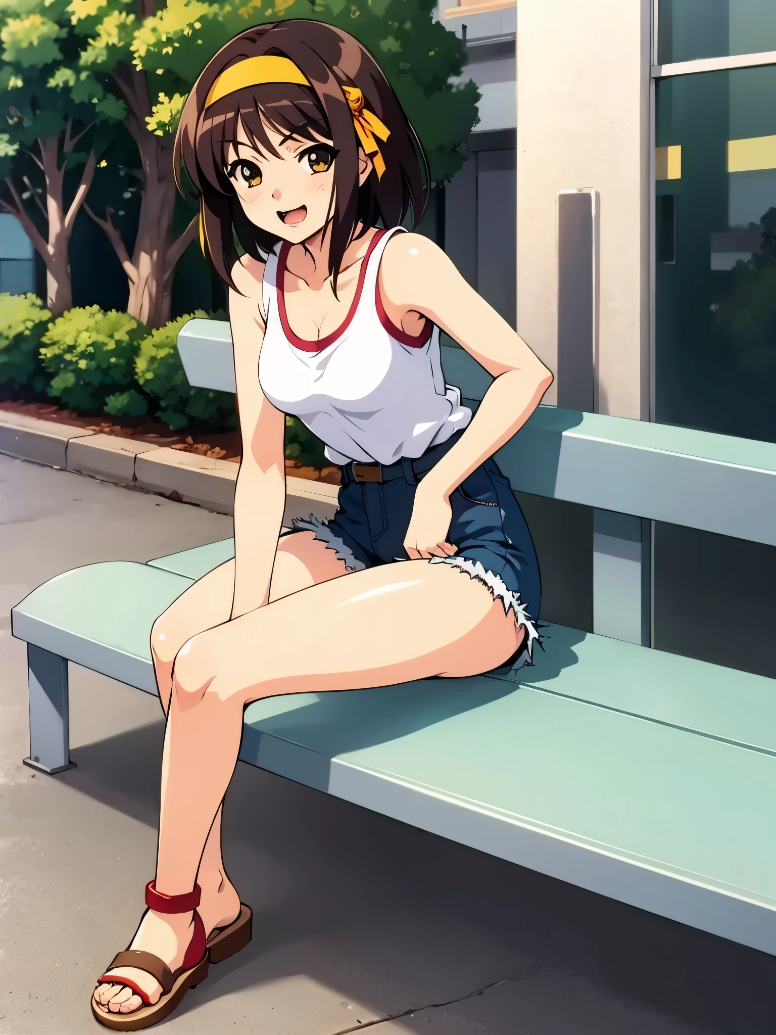 outdoor, in city, anime style, wearing white tank top on red line, wearing denim shorts, black open toes sandals, sitting bench, from side, one eye close, smrlk, anime style, 8k, masterpiece, ultra high res, yellow headband,