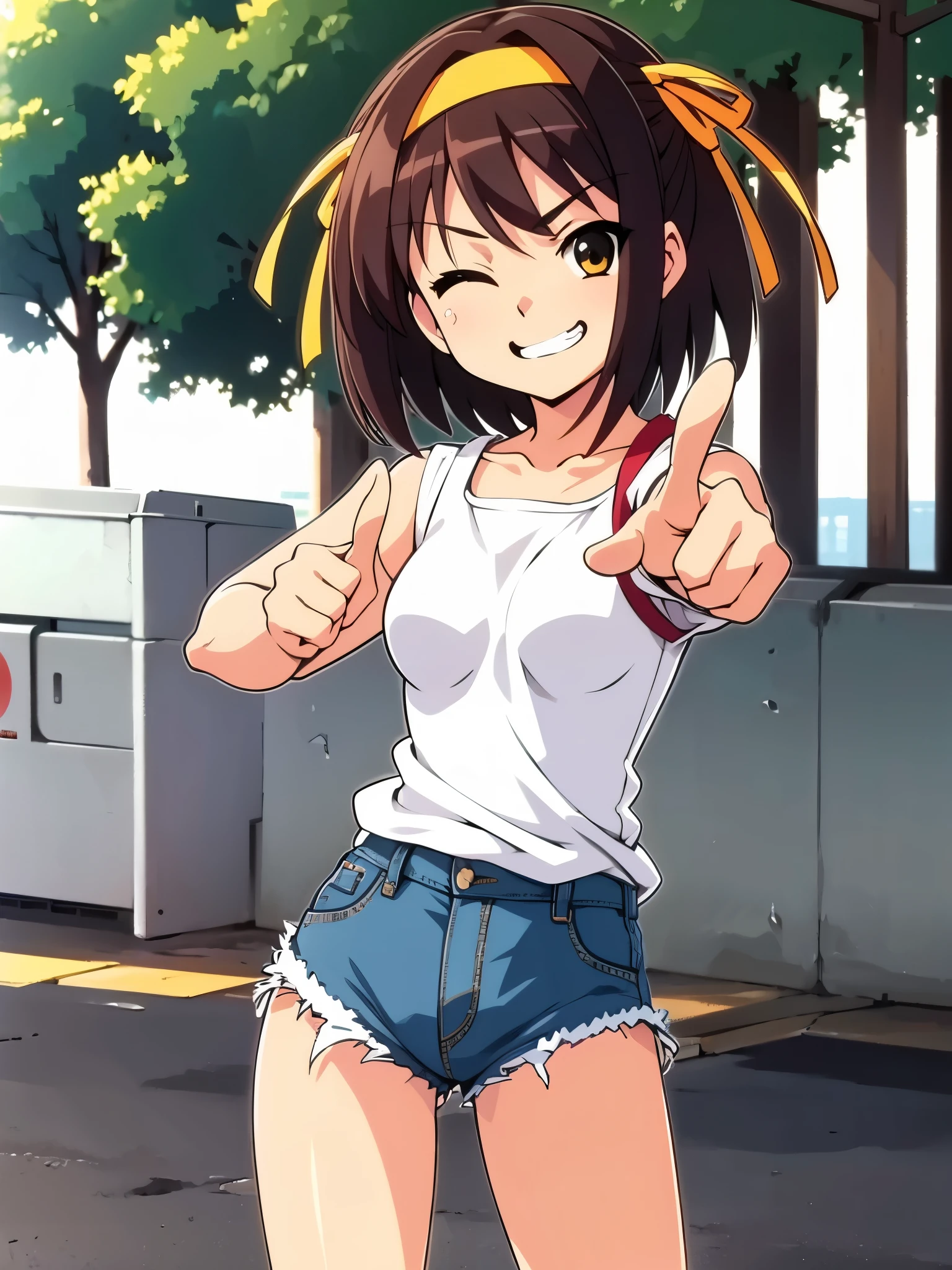 outdoor, in city, anime style, wearing white tank top on red line, wearing denim shorts, standing, focus face, one eye closed, smirk, thumbs up right hand, anime style, 8k, masterpiece, ultra high res, yellow headband,