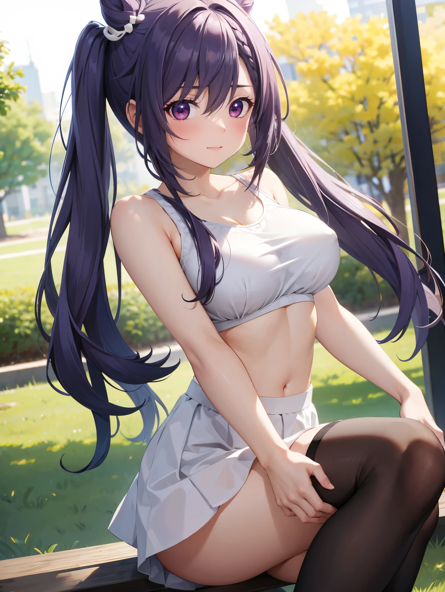 masterpiece, best quality, highres, aafern, long hair, purple hair, blunt bangs, purple eyes, large breasts, clothes in mouth, cleavage, navel, t-shirt, ((naked)),clothes lift, shirt in mouth, skirt, lying, full Body,sexy body,sitting, bare breasts, standing, cowboy shot, outdoors