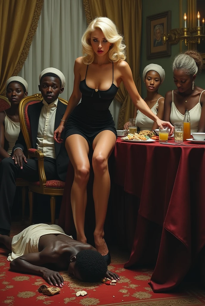 An English woman, wealthy, rich, powerful, arrogant, bad and cruel, with blonde hair, is dressed in a white miniskirt, black stockings, and white high-heeled sandals. She is sitting with her English friends, in front of a table with food. , and spits on the ground in annoyance.
Under the table a malnourished black maid and her black children lying face down pick up and lick the garbage from the floor that the woman throws and spits out. in the background a luxurious living room.