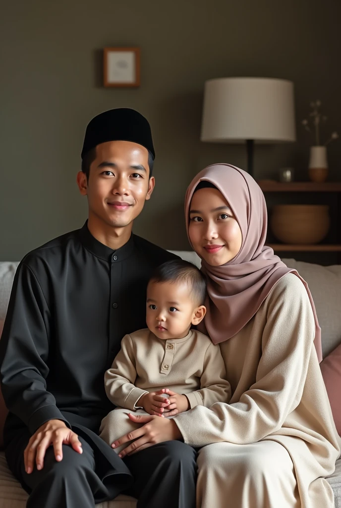 family studio photo of 4 people wearing muslim clothes with the same theme, 73 year old father with thin bald hairstyle, 70 year old mother wearing hijab, 28 year old first son wearing glasses with neat hairstyle, 21 year old second son with neat hairstyle. black background
