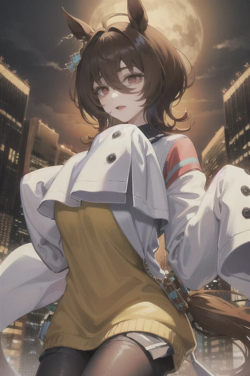 1girl, (solo:1.2), ((masterpiece)), (shadow), [slim], (small breasts), ((sharp focus)), pale skin, ((detailed eyes)), (blurry background), (dynamic angle), dynamic pose, female, gloves, akechi gorou, brown overcoat, brown hair, medium hair
