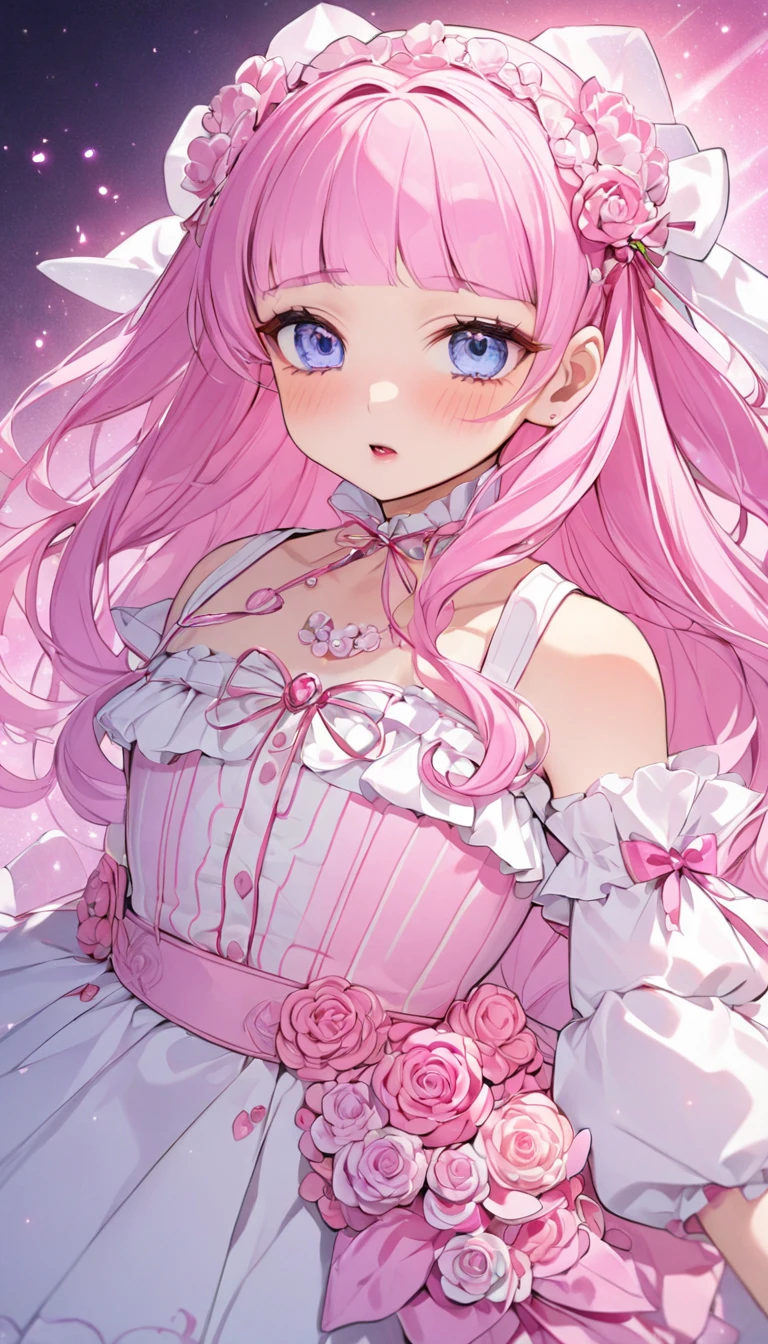 appearance consisted of pink beaded scrunchie on her left ear and a pink flower pin on the right ear. For clothing apparel also had a pink stockings, a blue heart birthmark on her face, and a pink 3 layered silk dress from the bottom dress line. SPARKLE; GLITTER