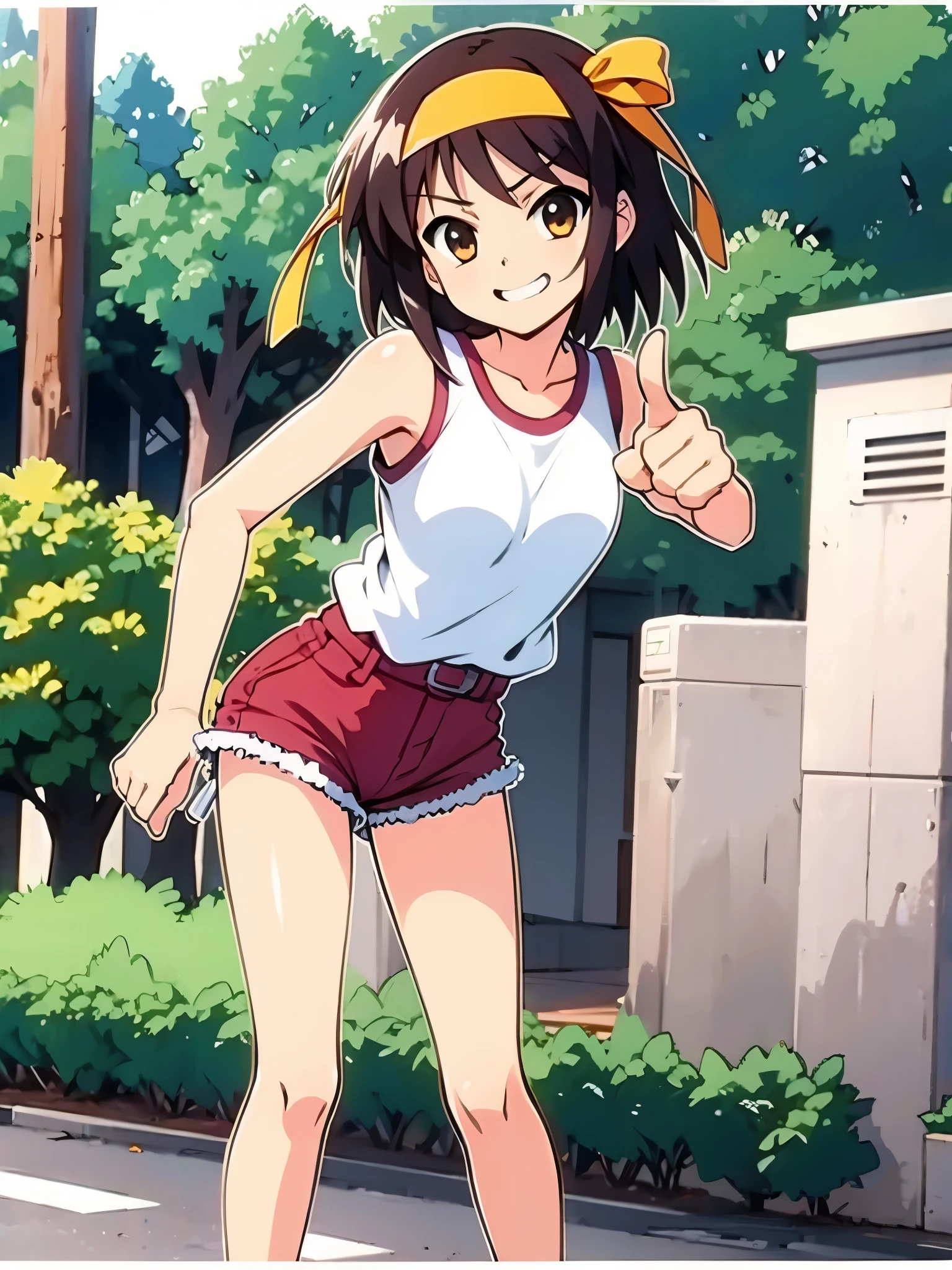 outdoor, in city, anime style, wearing white tank top on red line, wearing denim shorts, standing, focus face, one eye closed, smirk, thumbs up right hand, anime style, 8k, masterpiece, ultra high res, yellow headband,