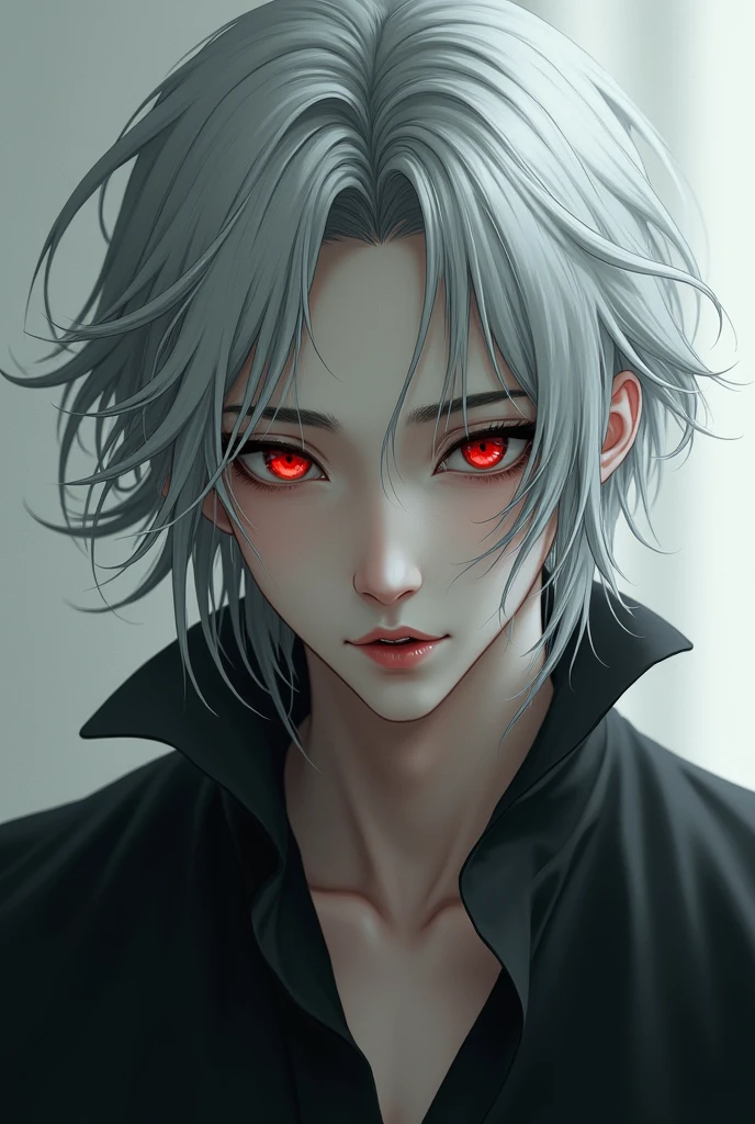 A guy with black and white hair and red eyes. Realism.