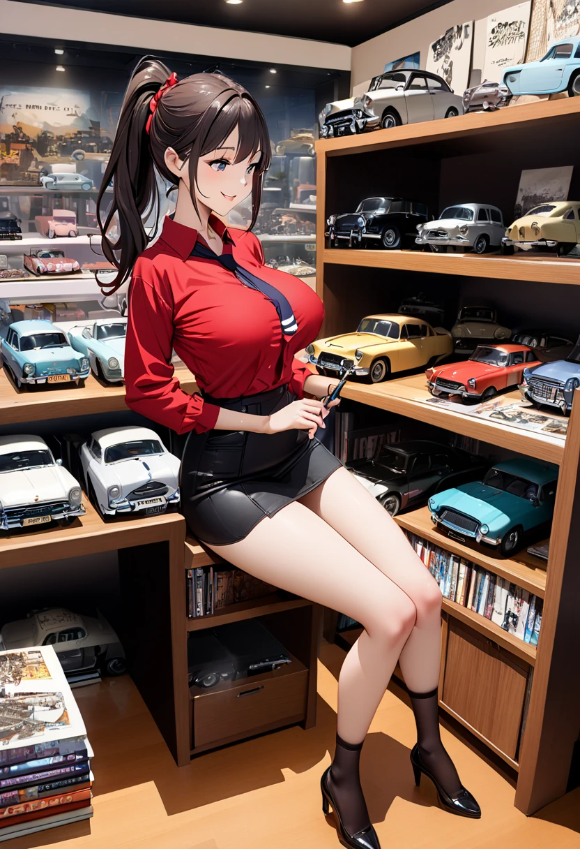  best quality、 Ultra Precise 、Detailed drawing、 vibrant colors、alone、Beautiful girl 、Age 30、classic car shop、showroom、Lots of cars、table、Beautiful big boobs、 business suit、 red shirt、 ties、Name tag、 Mini Skirt、 black stockings、catalog book and pen in hand、smile、Beautiful figure、 ponytail、Butt、 see here、 slender figure、Accurate depiction、 anime style illustration、
