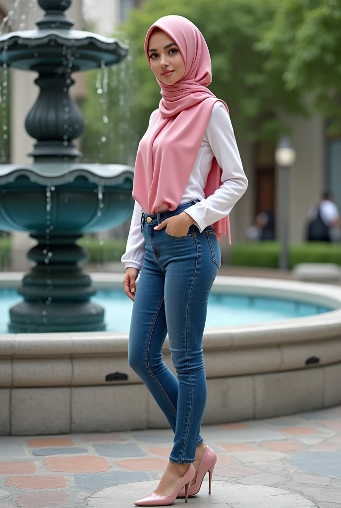 A beautiful young Arabic woman 30 year old in a hijab light blue, wearing a light blue shirt, black jeans , and a white purse, light brown shoes is standing facing the viewer on the paved road. ((Full Body Professional Gemoy)) and the background was a blurry image of trees and grass. The style is realistic and the images are sharp and well-lit.(( Full-body close-up photos))