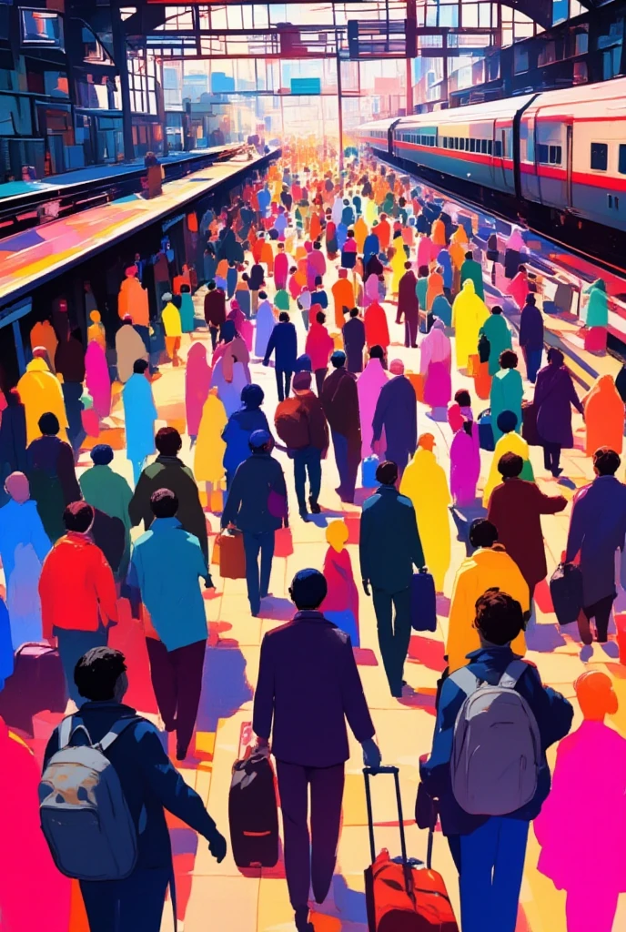 illustration, Abstract, silhouette, colorful, Busy Train Station