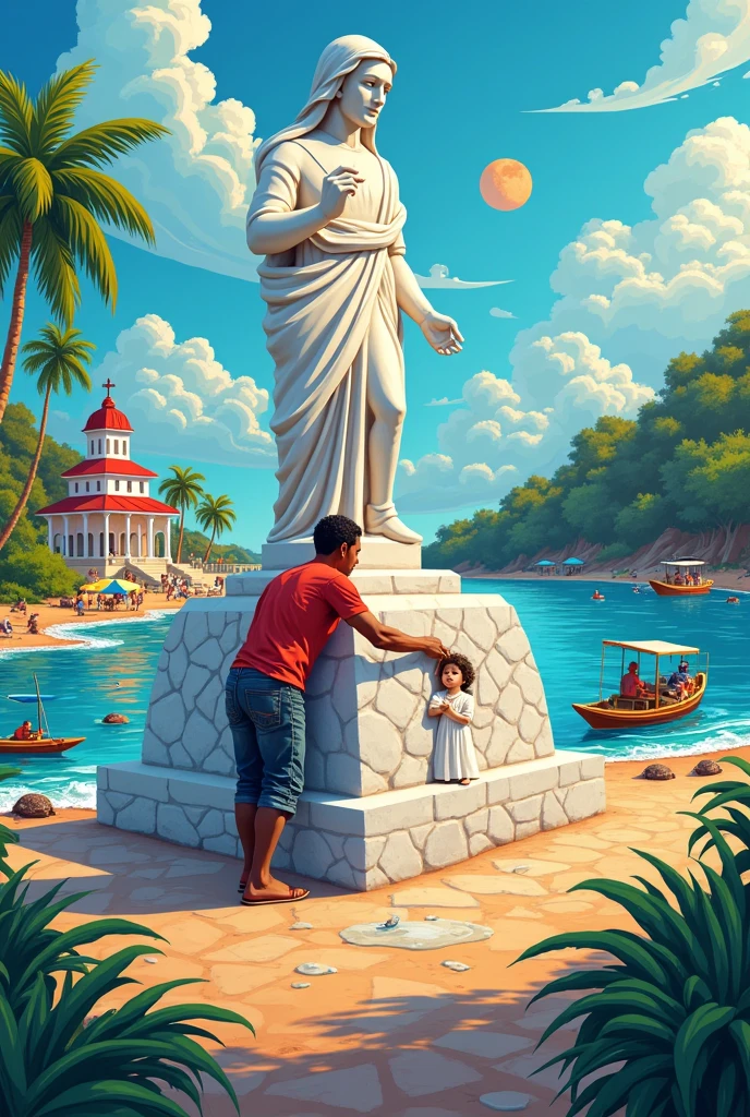 Baby arrives on a lifeboat to the island beach and the silhouette of goddess Athena looks at them from the sky
