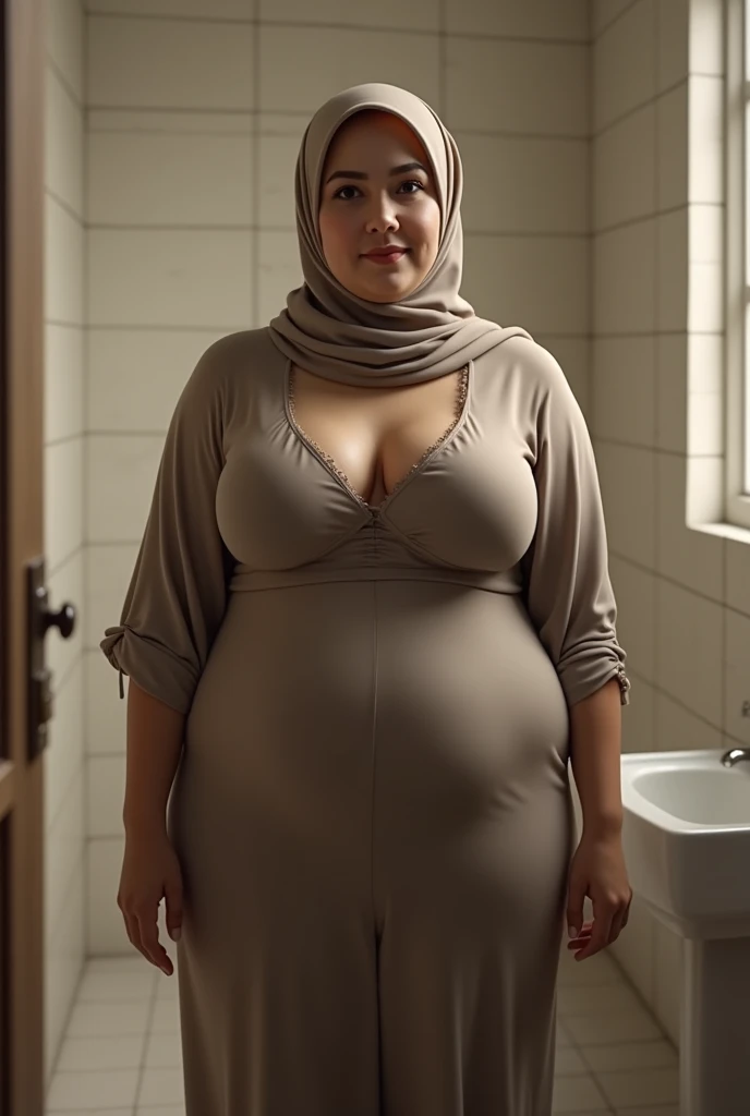 two hijab women fat chubby green dressed sitting on bathroom sweating green eyes
