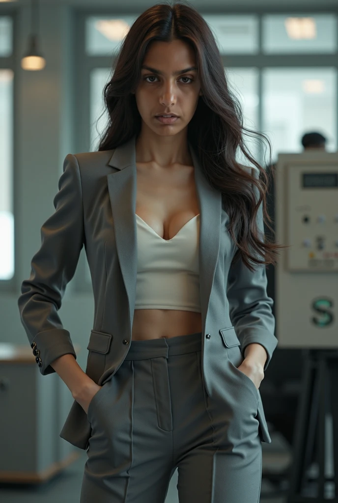 Indian woman wearing blazer at a college , 8k uhd, digital SLR camera, soft light, high quality, film grain,high detail,UHD, masterpiece, accurate, anatomically correct, super detail, high quality, 16k, highres, award winning, ((full body shot)),soft light rays, realistic skin texture, extreme skin details, photorealistic, photograph, realistic, realism, photorealism, film grains, lifelike texture, dynamic composition, contrast lighting, sharp focus, raw photo, photon metering, analog photo style, photography with Hasselblad camera, f5.6 lens 500mm, Kodak Portra 400 4x 5, anatomically correct, visible navel, visible knees