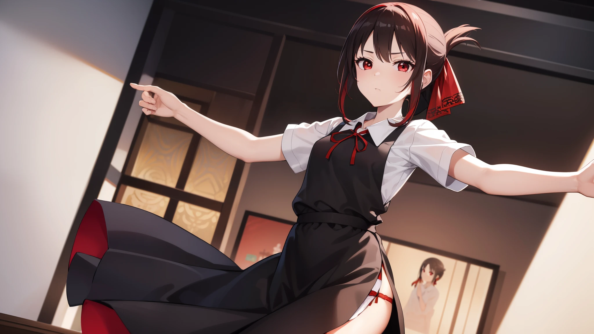 1 Boy, solo, dark hair, (white shirt), black slacks, on sheets, Long Sleeve Shirts, kneeling, seiza, cool, (sexy:1.3), Fascinating, (evil smile), seductive smile, [open mouth], (parted lips),collarbone, (shoot from below), (from below:2), sunset,(open collar), tsurime, Yellow eyes, (background: on bed in bedroom), high quality, high resolution, masterpiece,