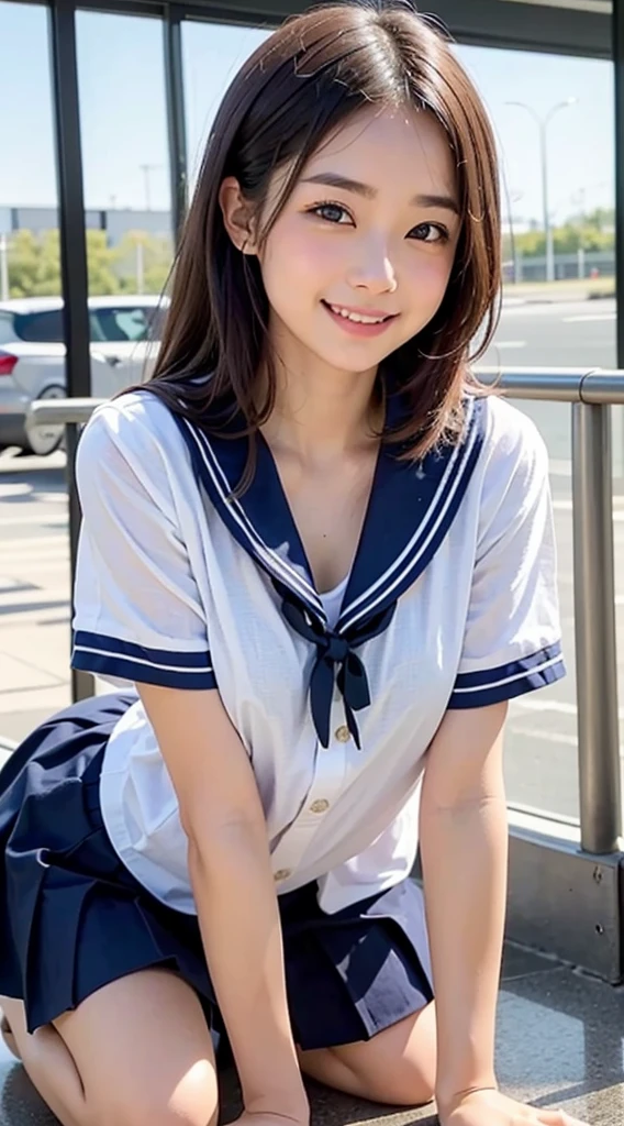 japanes、girl with、1人、、A dark-haired、length hair、poneyTail、High school students、high-school uniform、a sailor suit、やぶけた白いa sailor suit、Lace underwear is visible on her exposed chest.、shortsleeves、cleavage of the breast、Dark blue mini skirt、thighs thighs thighs thighs、knee sox、tiny chest、Gentle smile、lightly dressed、Skin revealing