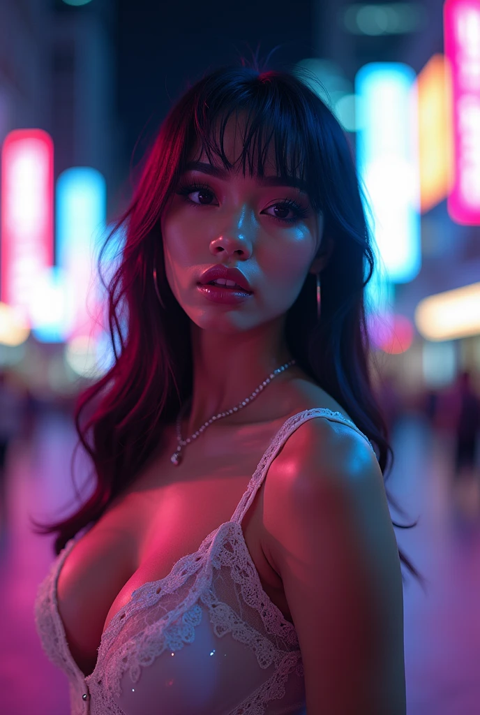 Beautiful sexy woman with wavy long hair, cyberpunk visuals.
