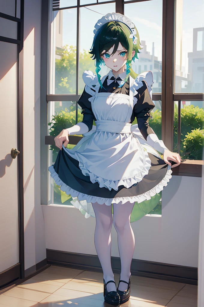 a cute solo femboy , trap, venti (genshin impact),wearing japan maid dress , white pantyhose,wearing a maid shoe , eye makeup , standing in a house at afternoon time.