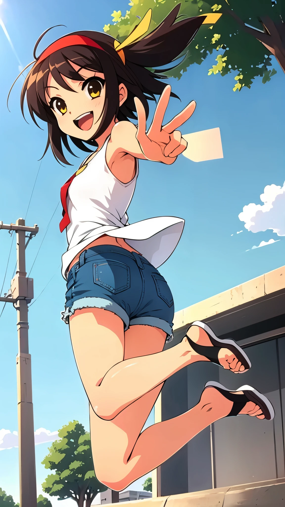 outdoor, in city, anime style, wearing white tank top on red line, wearing denim shorts, black open toes sandals, looking back, jumping, most happy smile, right hand, anime style, 8k, masterpiece, ultra high res, yellow headband,