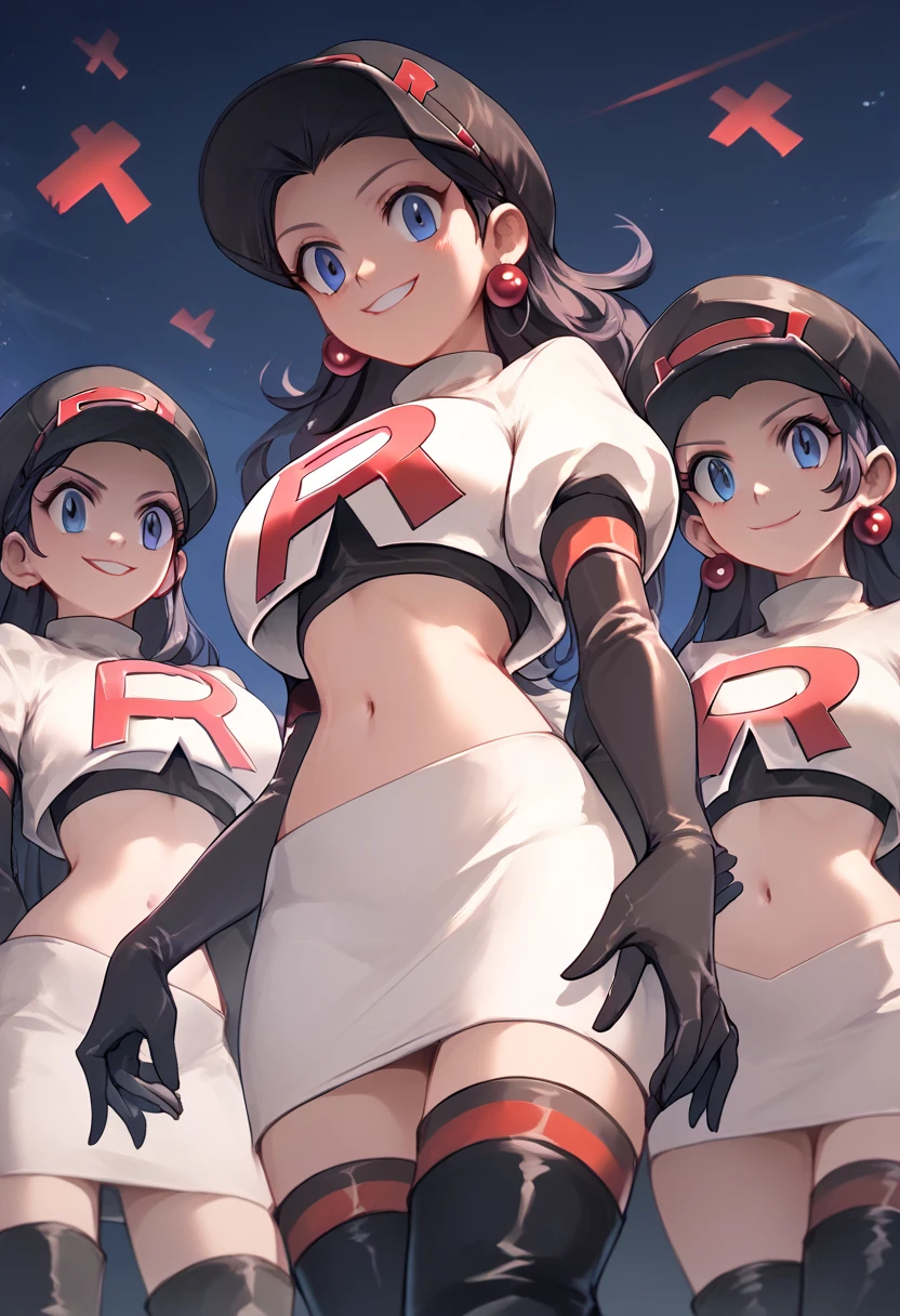 Team rocket, team rocket uniform, red letter R, white skirt,white crop top,black thigh-high boots, black elbow gloves, evil smile, night sky background, earrings, large breasts, high-heeled boots, 5 girls,