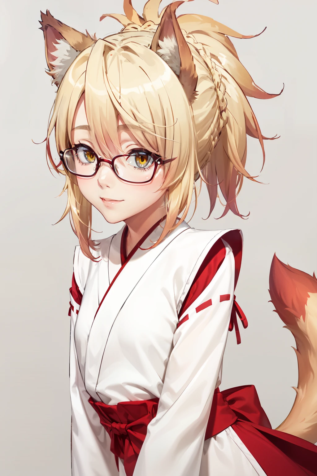  masterpiece ,  The best quality, 1 girl, feel, blonde hair,  short hair, collect,  yellow eyes,  Fox ears ,  Japanese clothing , red as well, Monkey,  blushing looking at the spectator,  upper body, smile, Alone, ( simple background , solid gray background ) sarifi , smile, string, neck, ( masterpiece ,  better quality , Detailed:1.3)  A kitsume with dark orange, voluminous hair in a ponytail that reaches her lower back, bright orange eyes, dark, thick tail with a white tip ,  wearing a maid's costume and glasses like a librarian  