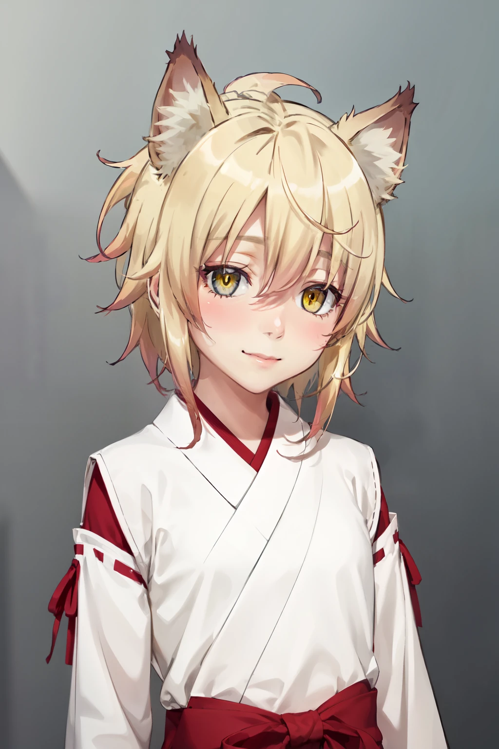  masterpiece ,  The best quality, 1 girl, feel, blonde hair,  short hair, collect,  yellow eyes,  Fox ears ,  Japanese clothing , red as well, Monkey,  blushing looking at the spectator,  upper body, smile, Alone, ( simple background , solid gray background )