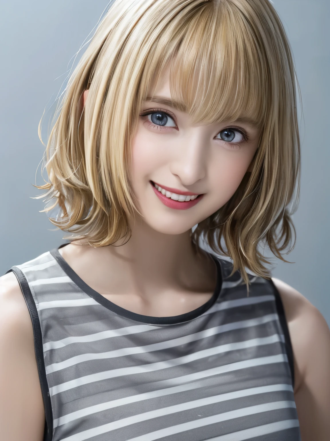 (Highest quality、8K、32k、masterpiece)、(Realistic)、(Realistic:1.2)、(High resolution)、Very detailed、Very beautiful face and eyes、1 Girl、Round and small face、Tight waist、Delicate body、(close、Highest quality、Attention to detail、Rich skin detail)、(Highest quality、8K、Oil paint:1.2)、(Realistic、Realistic:1.37)、Bright colors、(((blonde)))、(((Bust Shot)))、(((Medium Hair)))、(((Loose and fluffy perm)))、(((White wall background)))、(((Touch your lips with your left hand)))、(((Laughter)))、(((blonde)))、(((Striped tank top)))、(((grey and white tank top)))、(((Gray streaks々Clothes)))