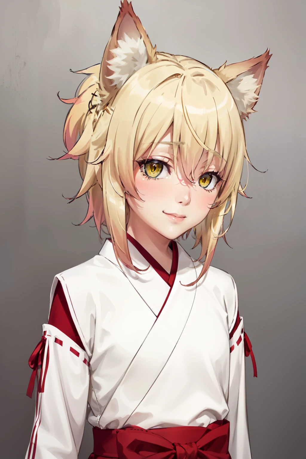  masterpiece ,  The best quality, 1 girl, feel, blonde hair,  short hair, collect,  yellow eyes,  Fox ears ,  Japanese clothing , red as well, Monkey,  blushing looking at the spectator,  upper body, smile, Alone, ( simple background , solid gray background ) sarifi , smile, string, neck, ( masterpiece ,  better quality , Detailed:1.3)